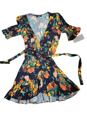 Zara Navy Floral Wrap Mini Dress with Orange & Pink Blooms